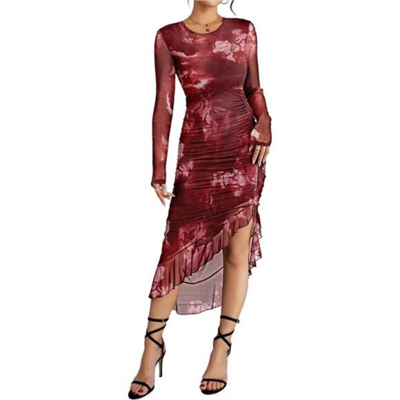 Women's Sexy Mesh Bodycon Dress Burgundy - Picture 1 of 6